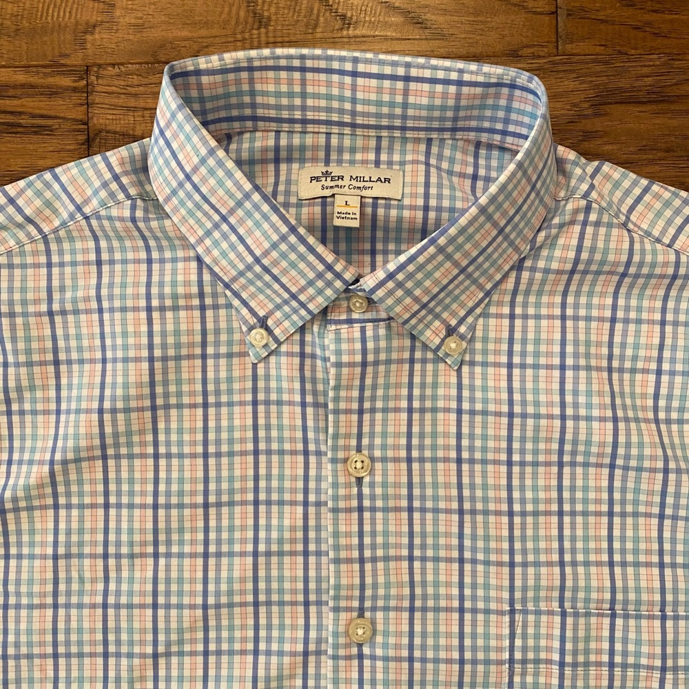 Peter Millar Summer Comfort Button Down Men L Blue Pink Plaid Long Sleeve Shirt